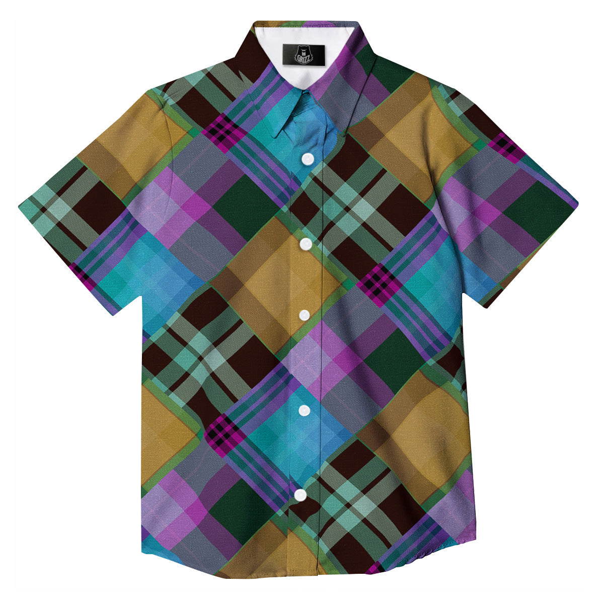 Diagonal Madras Blue Tartan Plaid Print Pattern Button Up Shirt-grizzshop