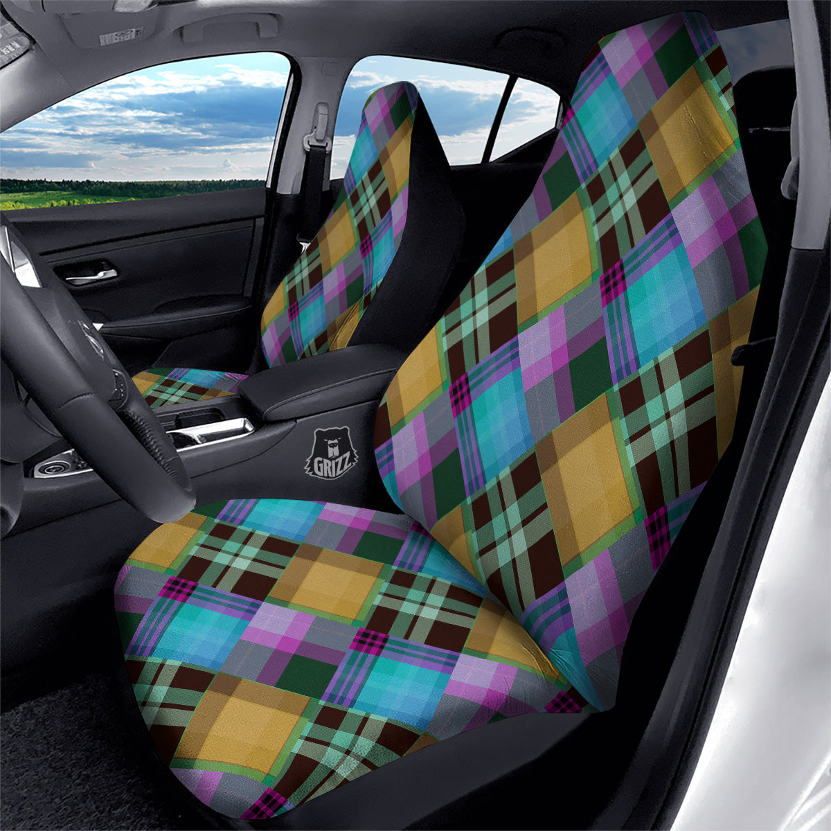 Diagonal Madras Blue Tartan Plaid Print Pattern Car Seat Covers-grizzshop