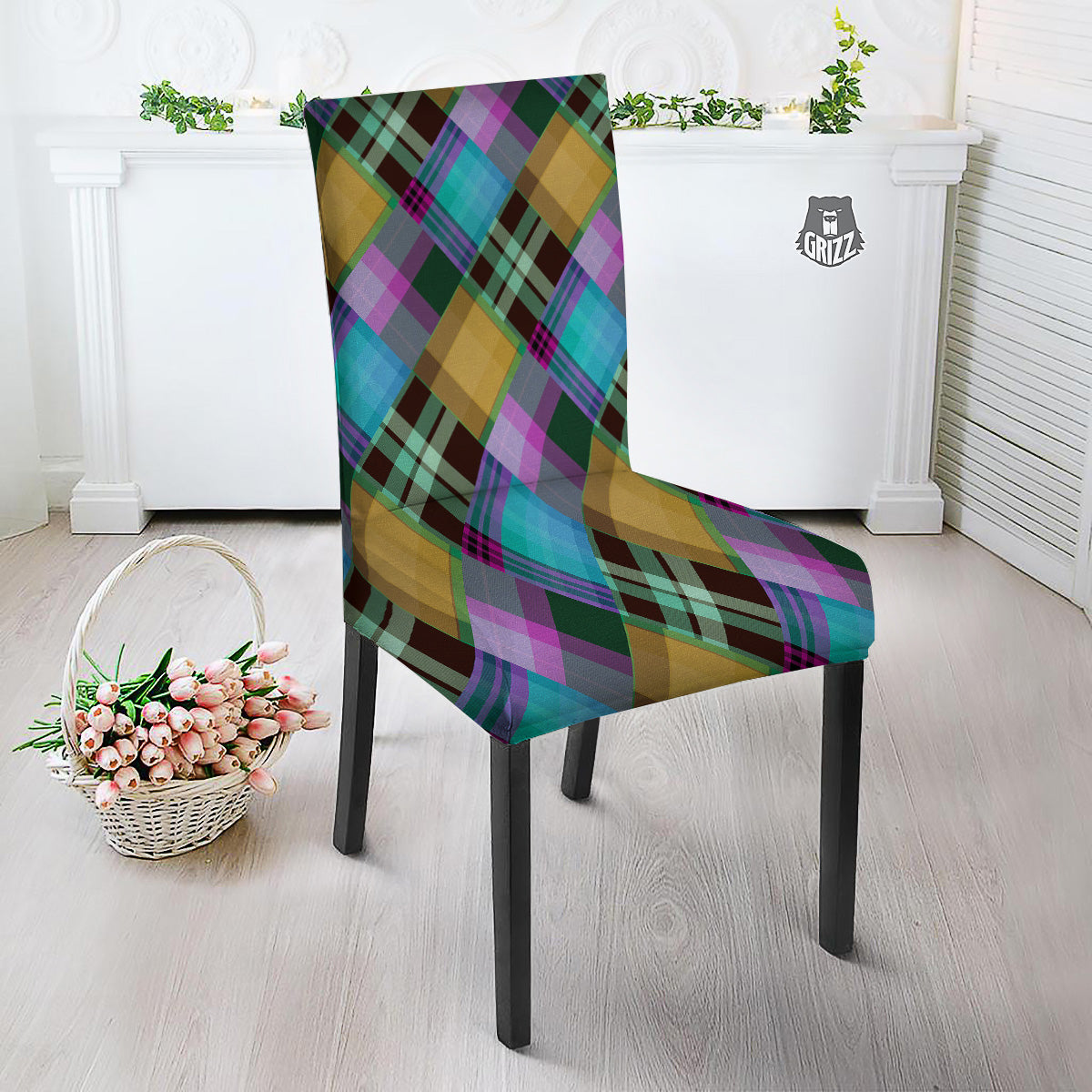 Diagonal Madras Blue Tartan Plaid Print Pattern Dining Chair Slipcover-grizzshop