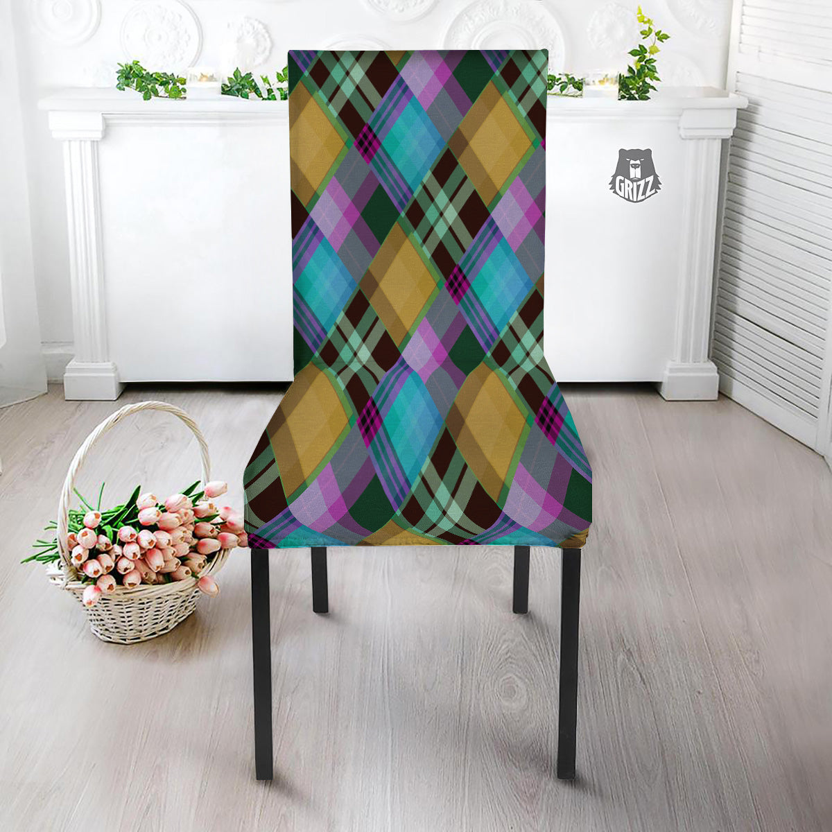Diagonal Madras Blue Tartan Plaid Print Pattern Dining Chair Slipcover-grizzshop