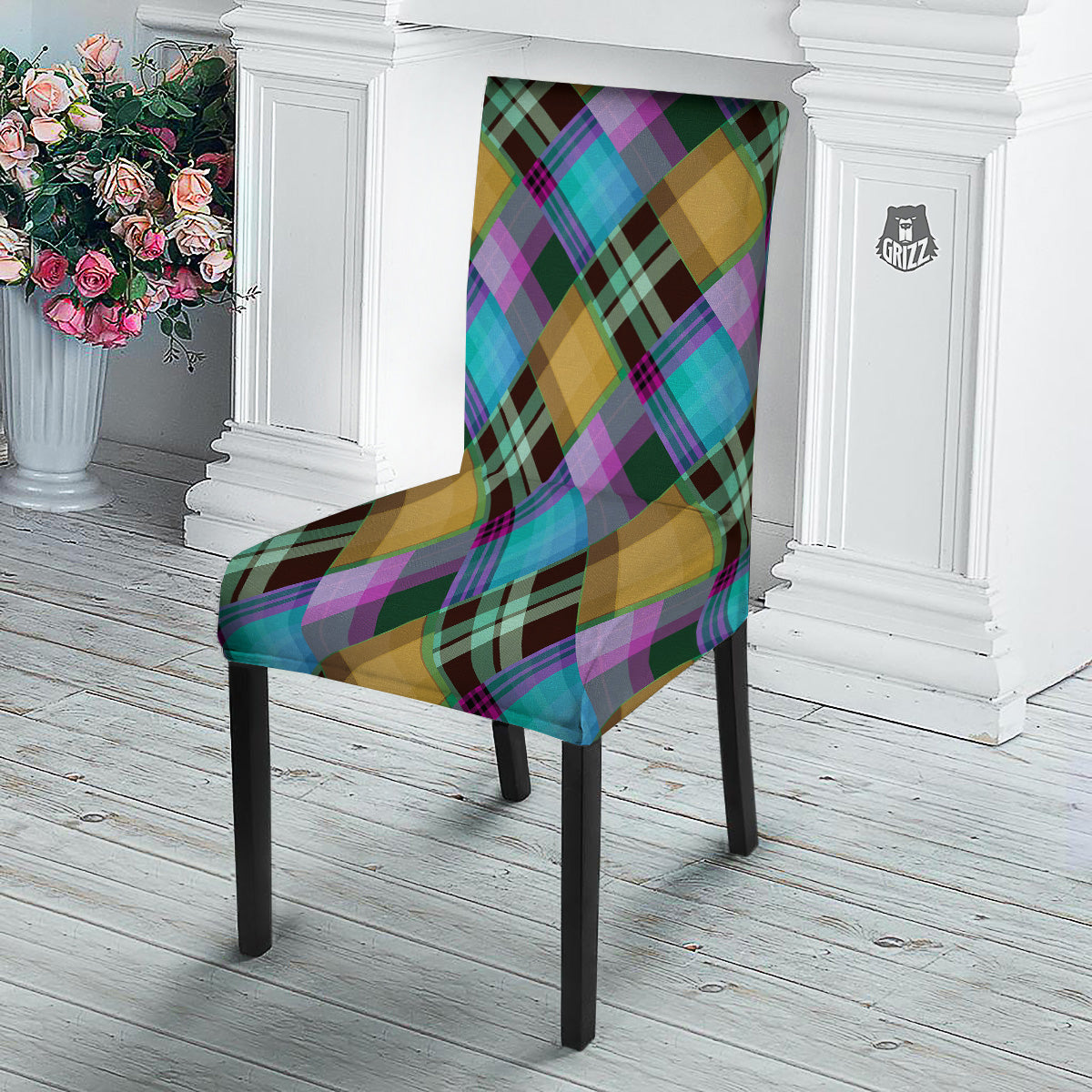 Diagonal Madras Blue Tartan Plaid Print Pattern Dining Chair Slipcover-grizzshop