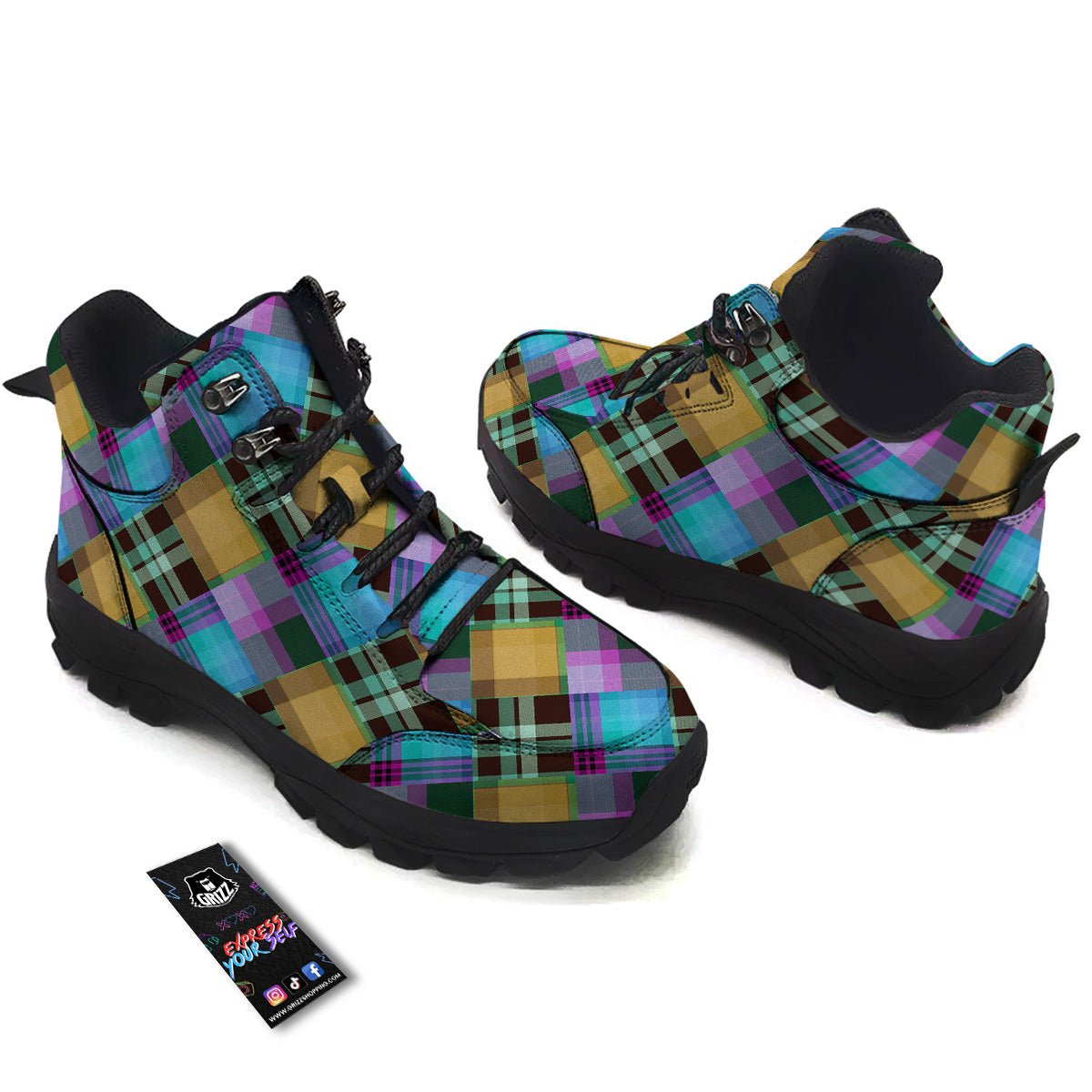Diagonal Madras Blue Tartan Plaid Print Pattern Hiking Shoes-grizzshop