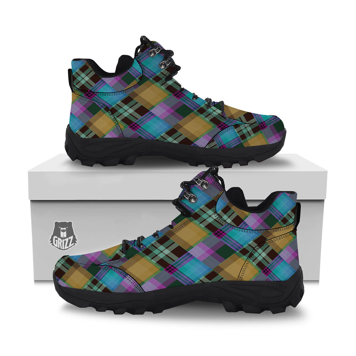 Diagonal Madras Blue Tartan Plaid Print Pattern Hiking Shoes-grizzshop