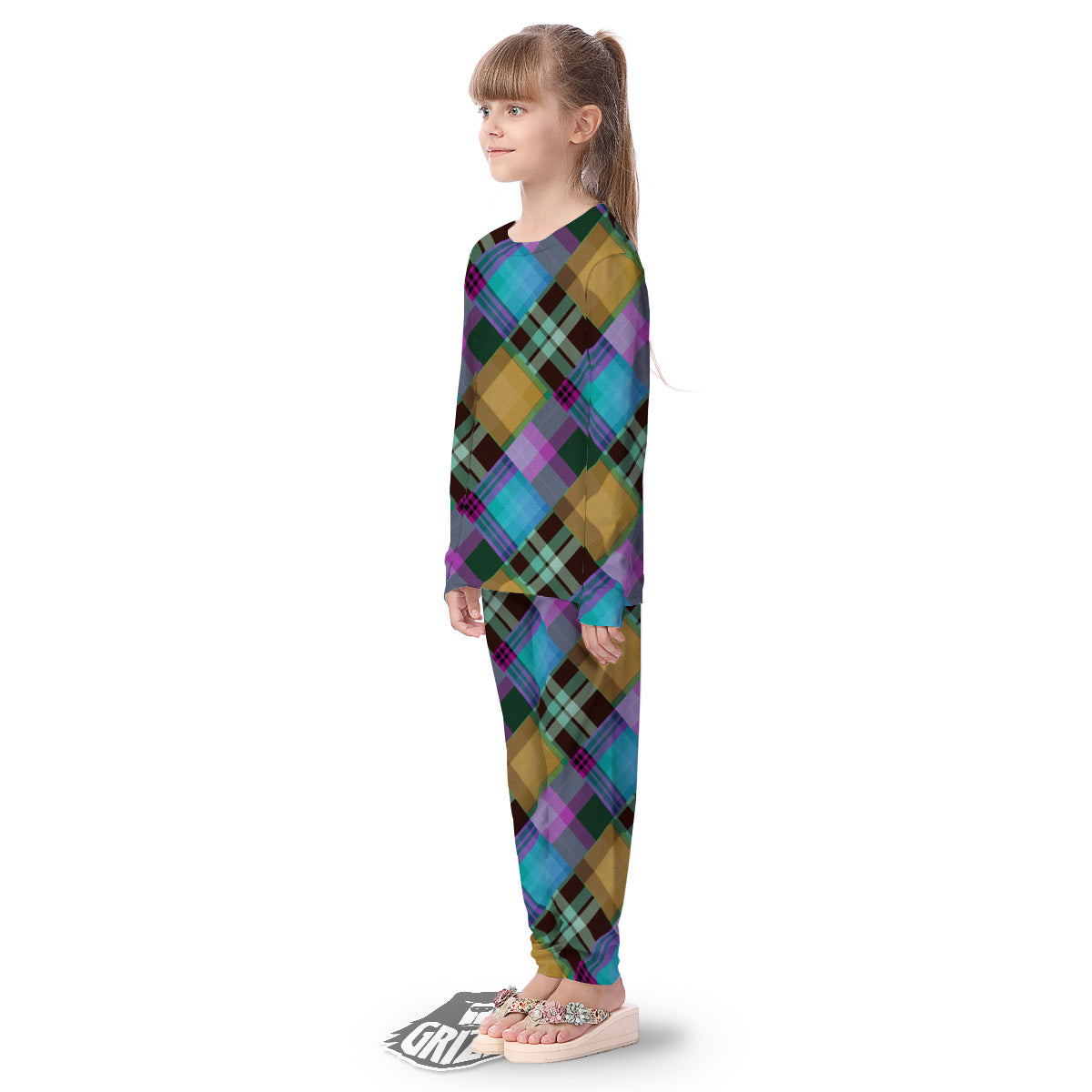 Diagonal Madras Blue Tartan Plaid Print Pattern Kid's Pajamas-grizzshop