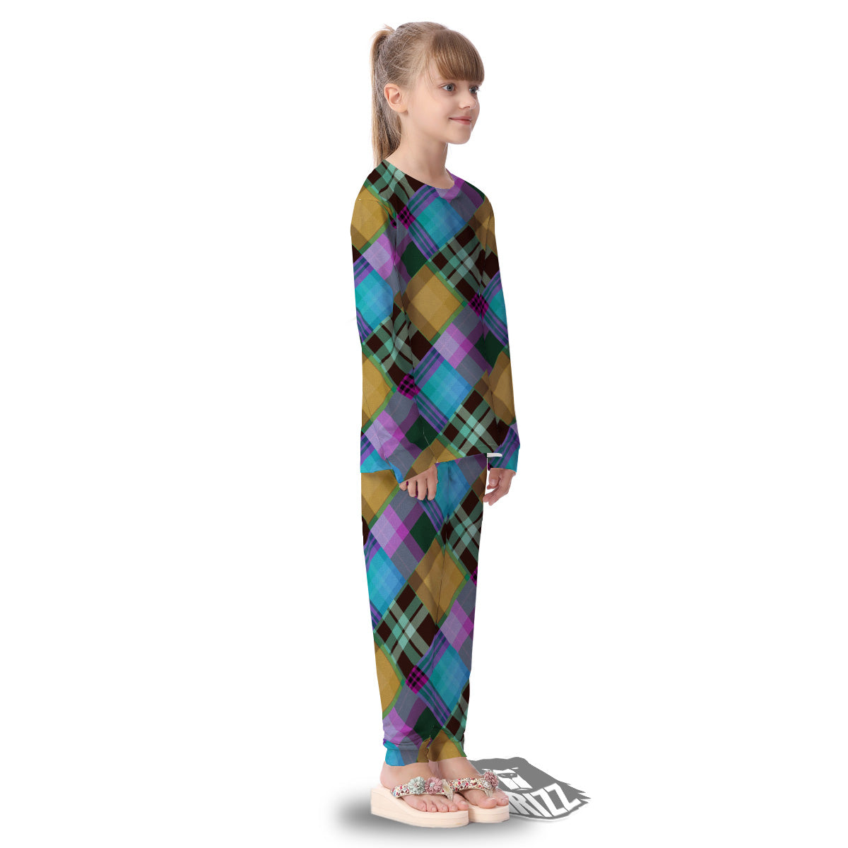 Diagonal Madras Blue Tartan Plaid Print Pattern Kid's Pajamas-grizzshop