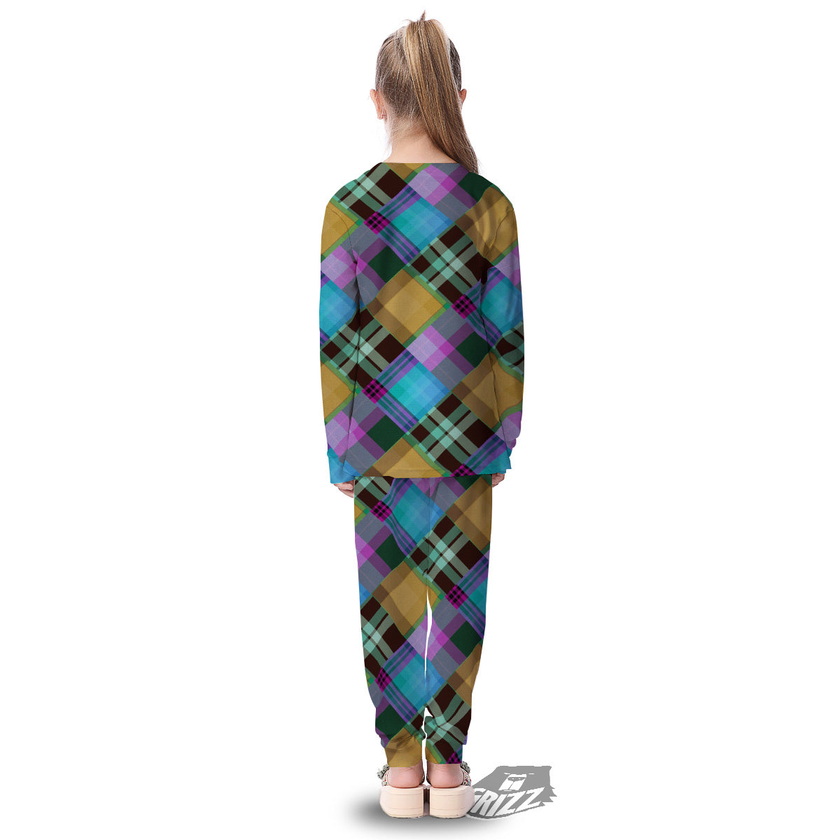 Diagonal Madras Blue Tartan Plaid Print Pattern Kid's Pajamas-grizzshop