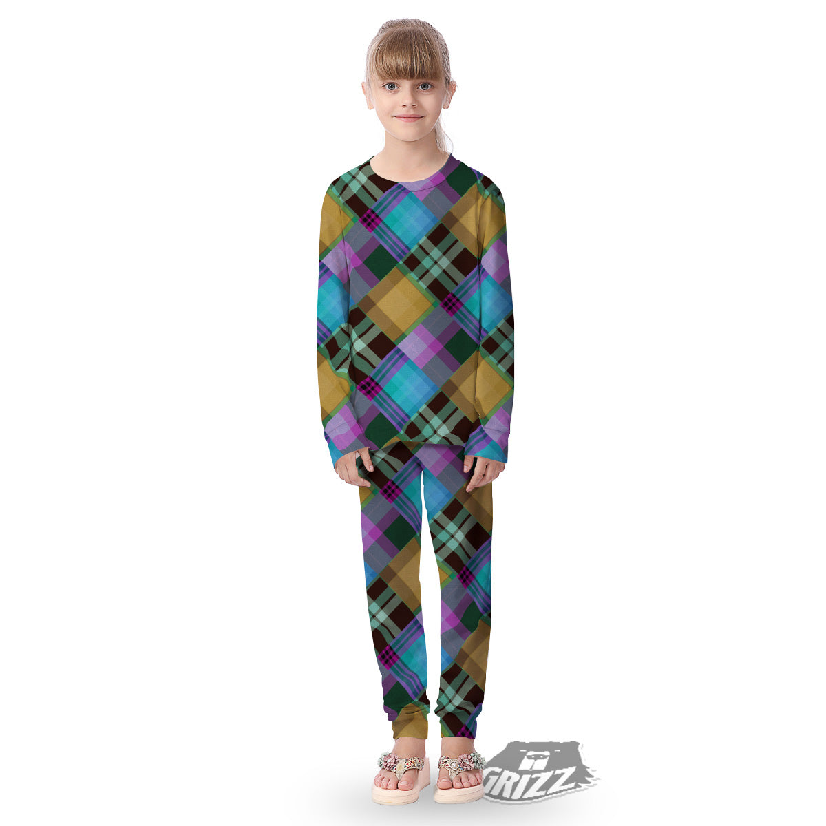 Diagonal Madras Blue Tartan Plaid Print Pattern Kid's Pajamas-grizzshop