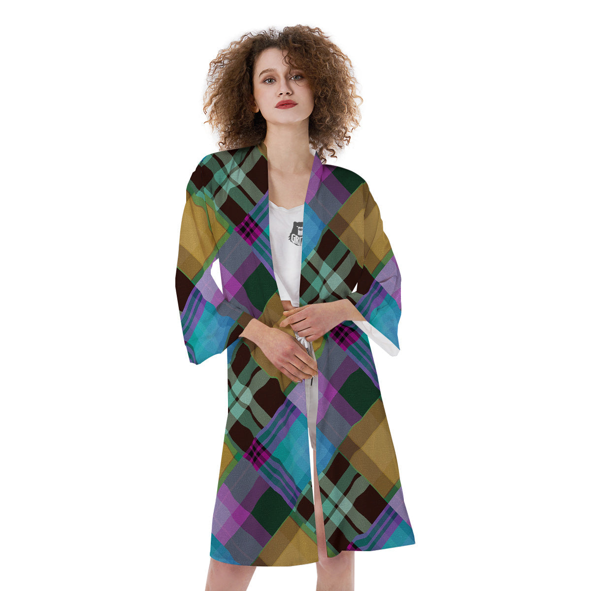 Diagonal Madras Blue Tartan Plaid Print Pattern Kimono-grizzshop