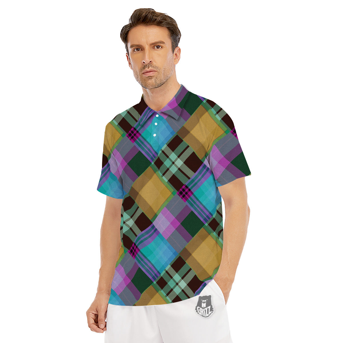 Diagonal Madras Blue Tartan Plaid Print Pattern Men's Golf Shirts-grizzshop