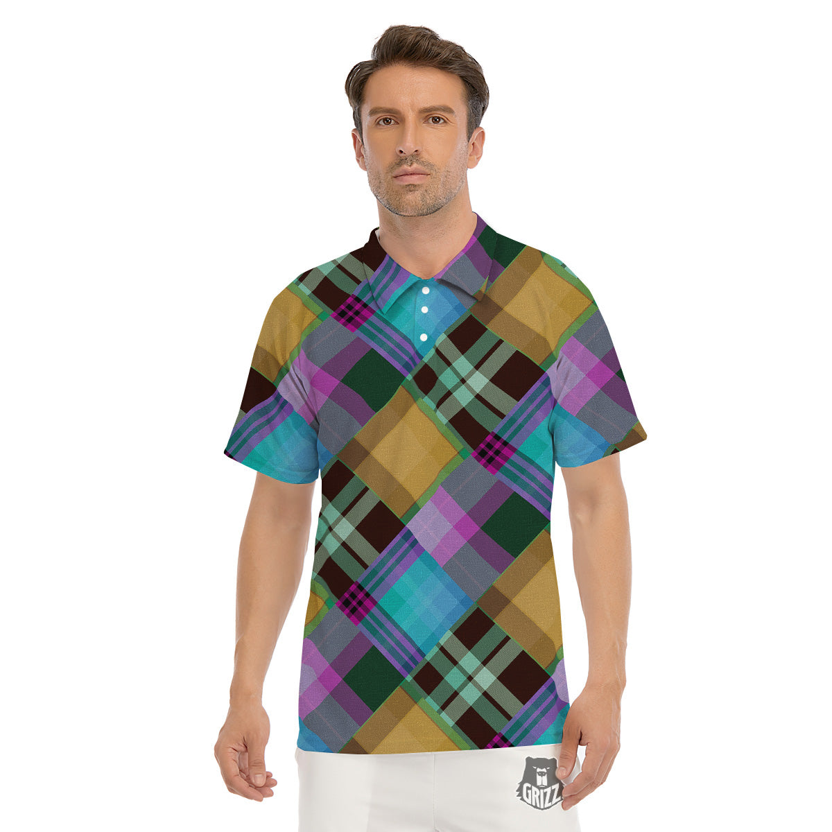 Diagonal Madras Blue Tartan Plaid Print Pattern Men's Golf Shirts-grizzshop