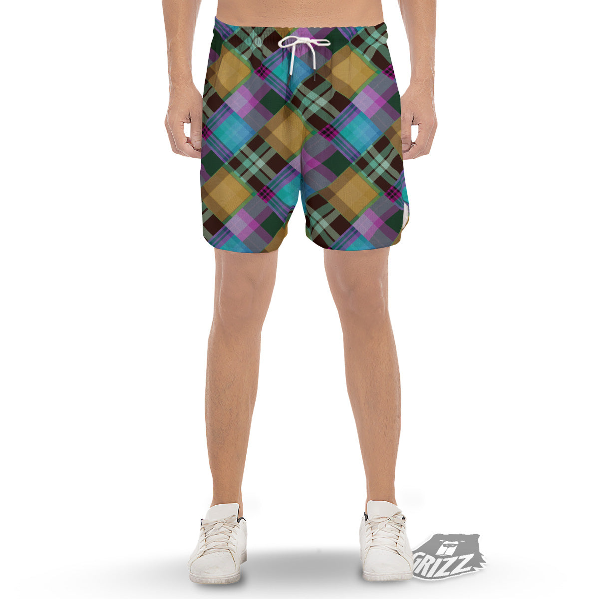 Diagonal Madras Blue Tartan Plaid Print Pattern Men's Gym Shorts-grizzshop