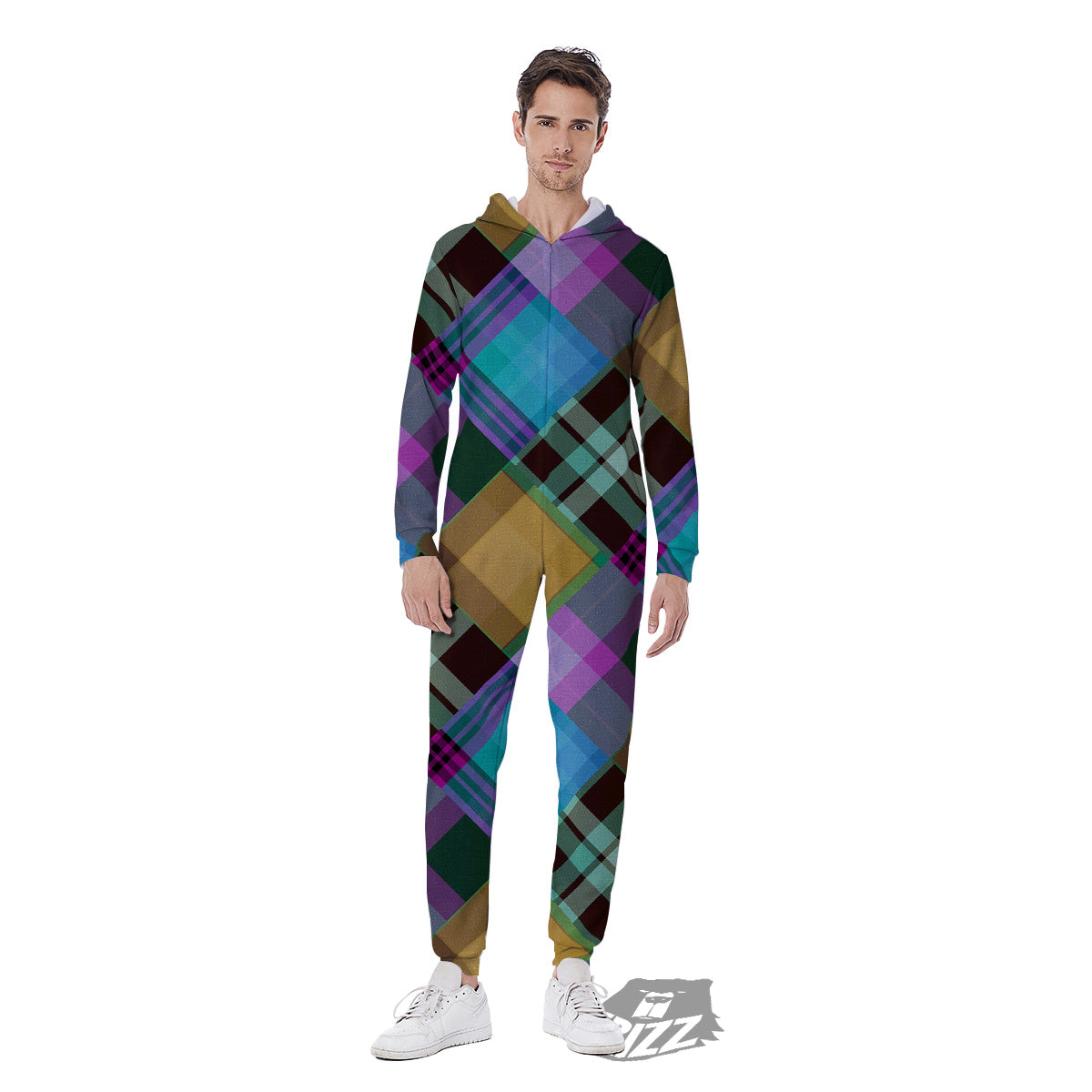 Diagonal Madras Blue Tartan Plaid Print Pattern Men's Jumpsuit-grizzshop