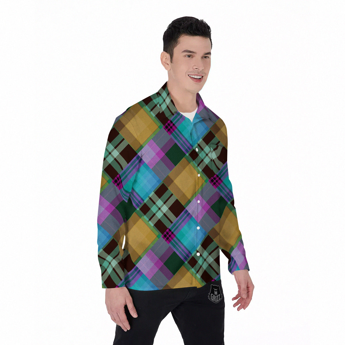 Diagonal Madras Blue Tartan Plaid Print Pattern Men's Long Sleeve Shirts-grizzshop