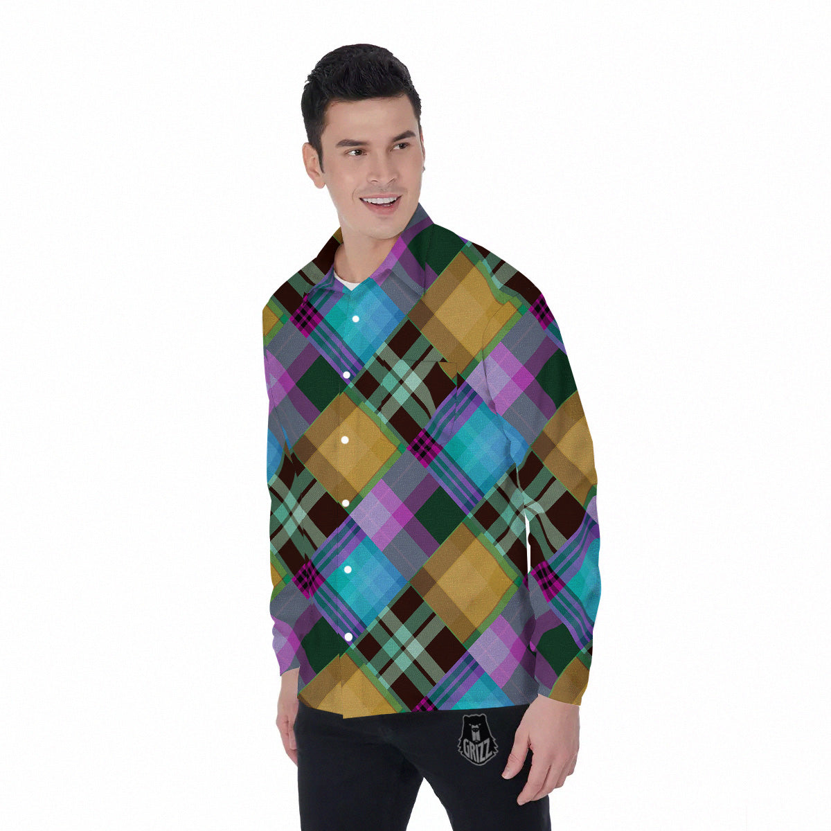 Diagonal Madras Blue Tartan Plaid Print Pattern Men's Long Sleeve Shirts-grizzshop