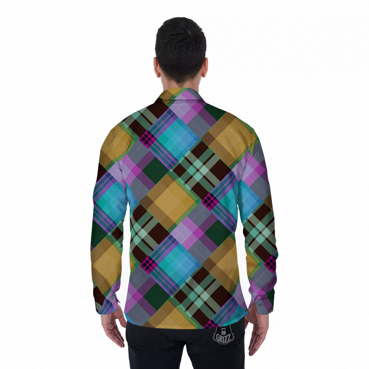 Diagonal Madras Blue Tartan Plaid Print Pattern Men's Long Sleeve Shirts-grizzshop