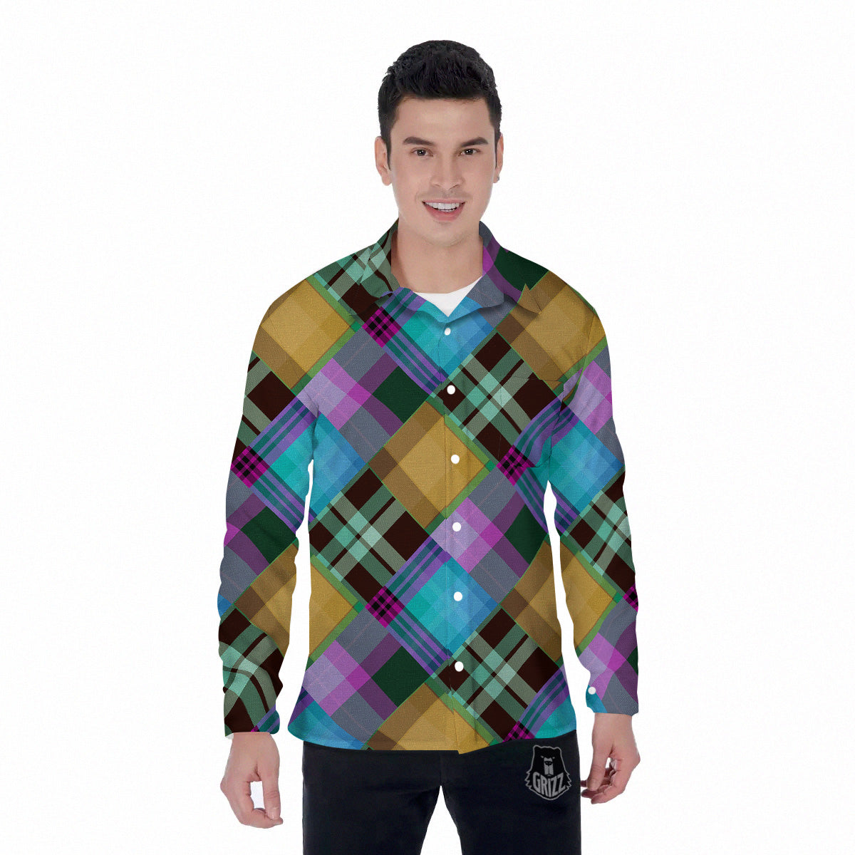 Diagonal Madras Blue Tartan Plaid Print Pattern Men's Long Sleeve Shirts-grizzshop