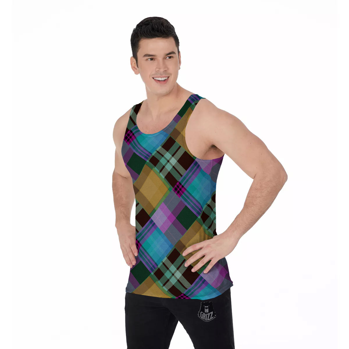 Diagonal Madras Blue Tartan Plaid Print Pattern Men's Tank Top-grizzshop