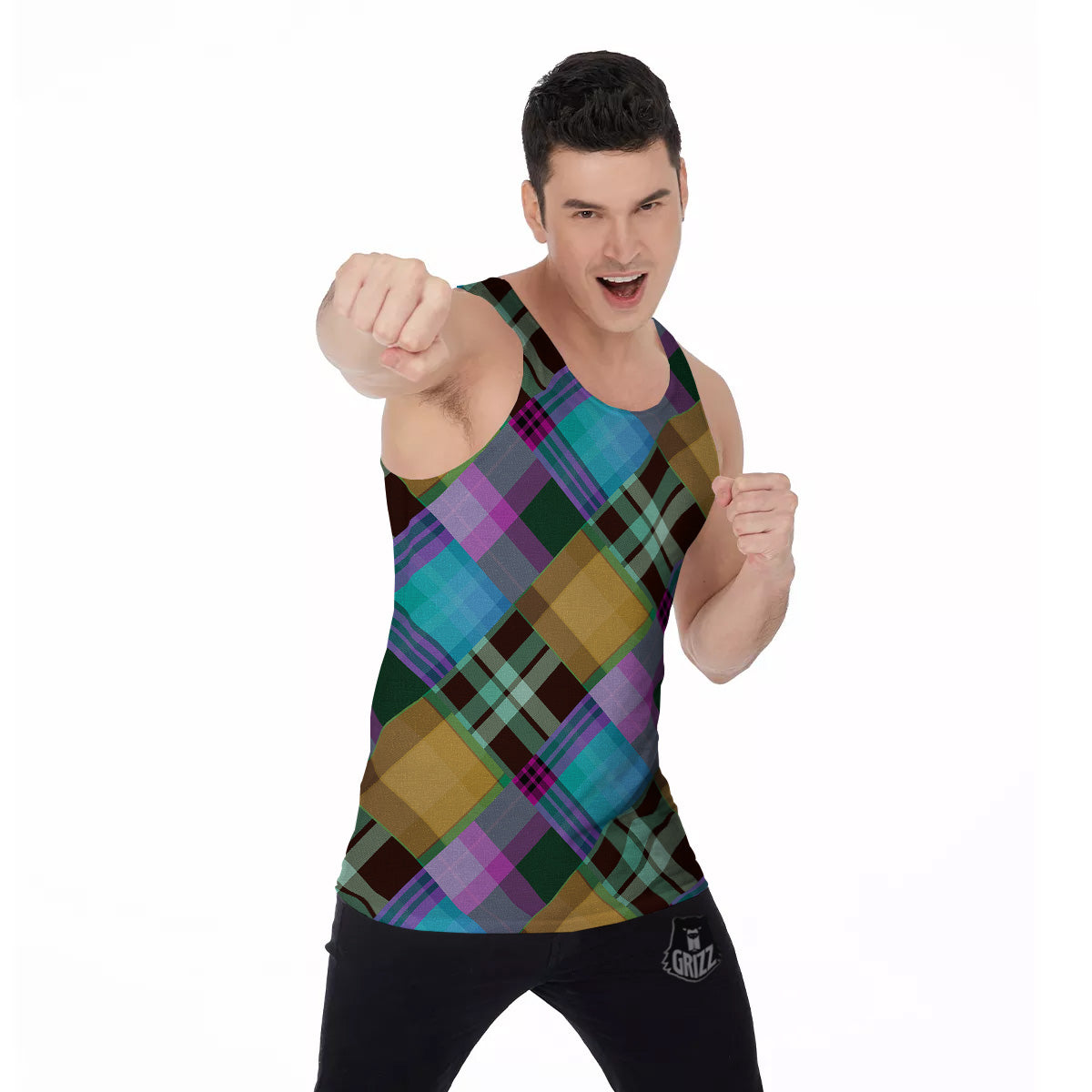Diagonal Madras Blue Tartan Plaid Print Pattern Men's Tank Top-grizzshop