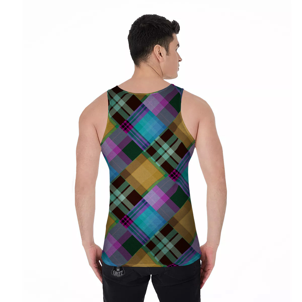 Diagonal Madras Blue Tartan Plaid Print Pattern Men's Tank Top-grizzshop