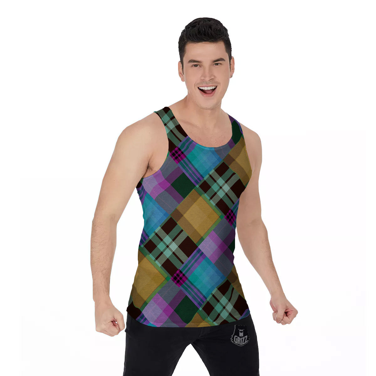 Diagonal Madras Blue Tartan Plaid Print Pattern Men's Tank Top-grizzshop