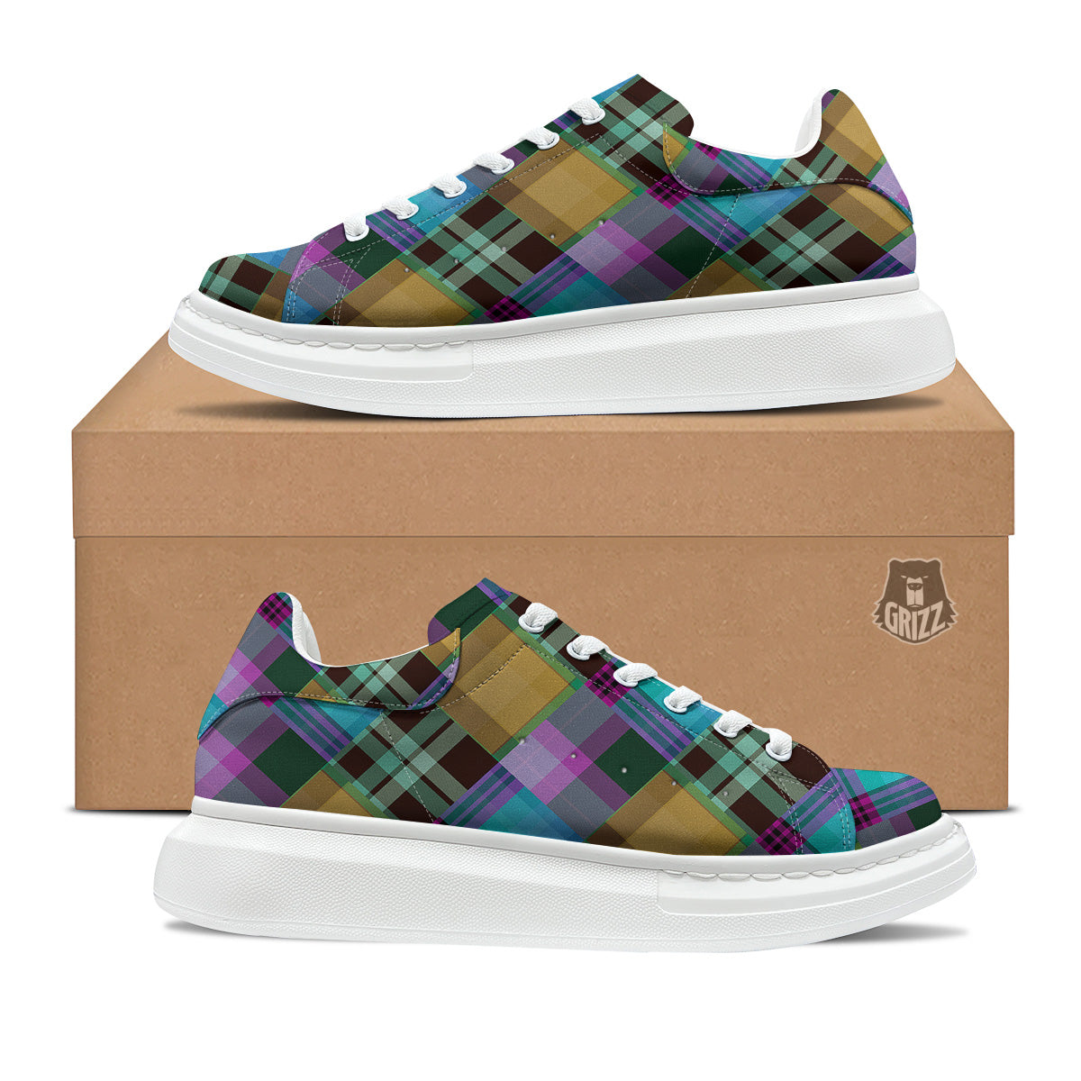 Diagonal Madras Blue Tartan Plaid Print Pattern Platform Shoes-grizzshop