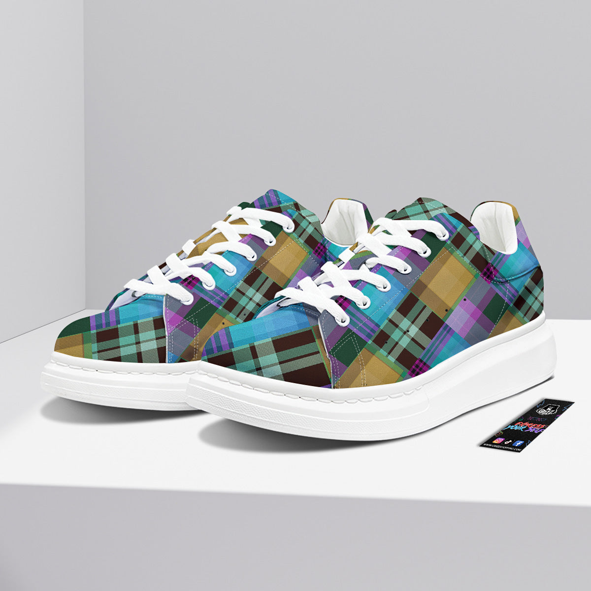 Diagonal Madras Blue Tartan Plaid Print Pattern Platform Shoes-grizzshop