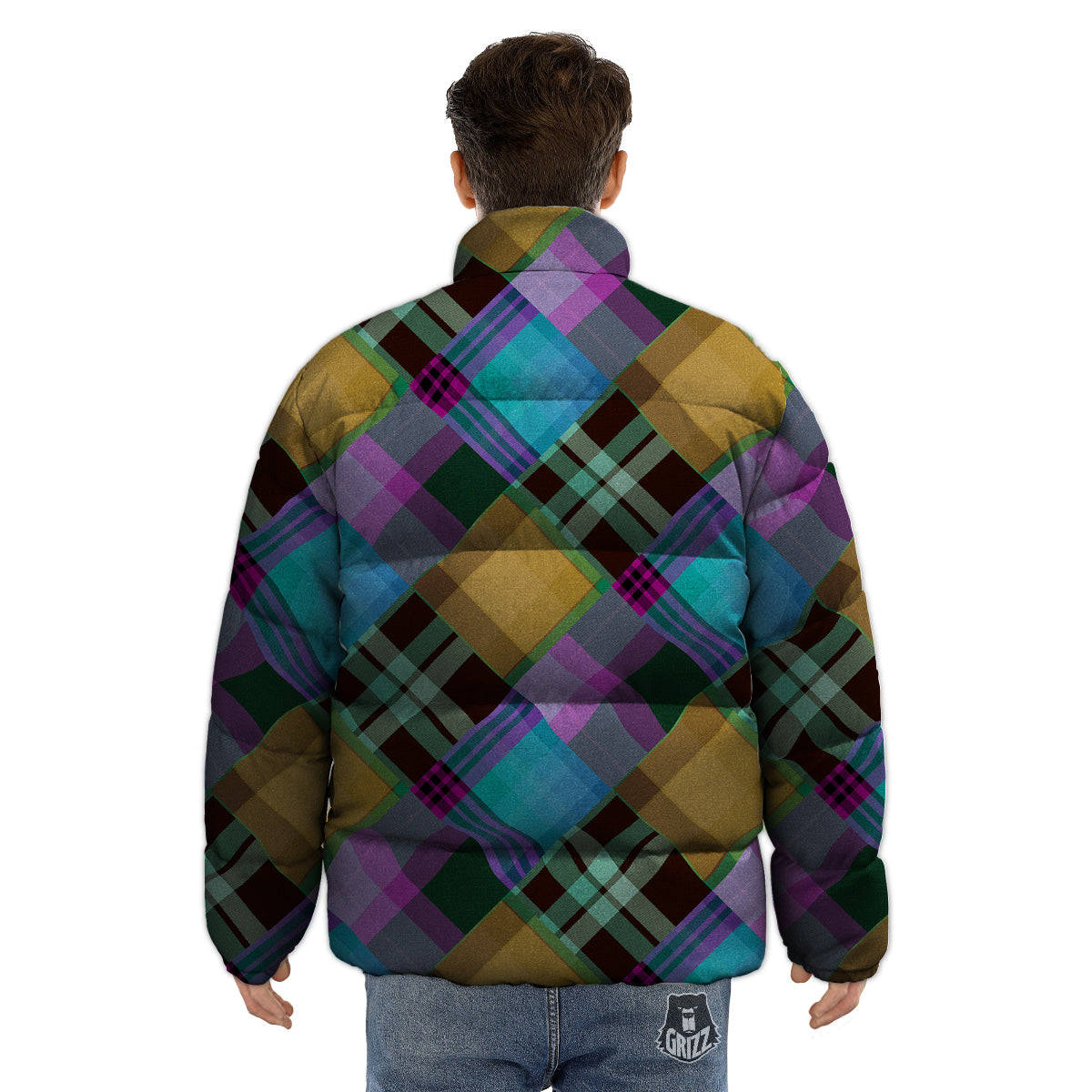 Diagonal Madras Blue Tartan Plaid Print Pattern Puffer Jacket-grizzshop