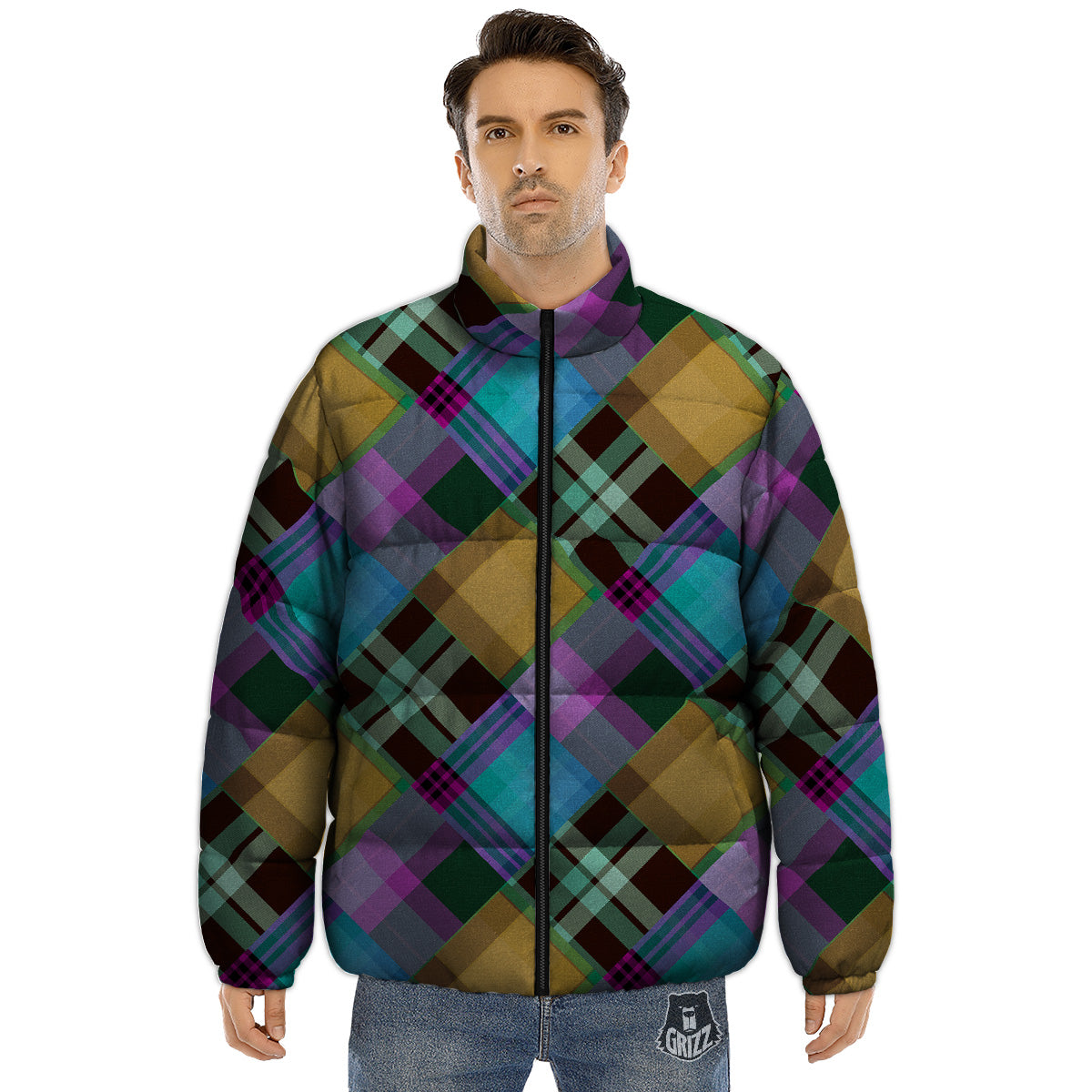 Diagonal Madras Blue Tartan Plaid Print Pattern Puffer Jacket-grizzshop