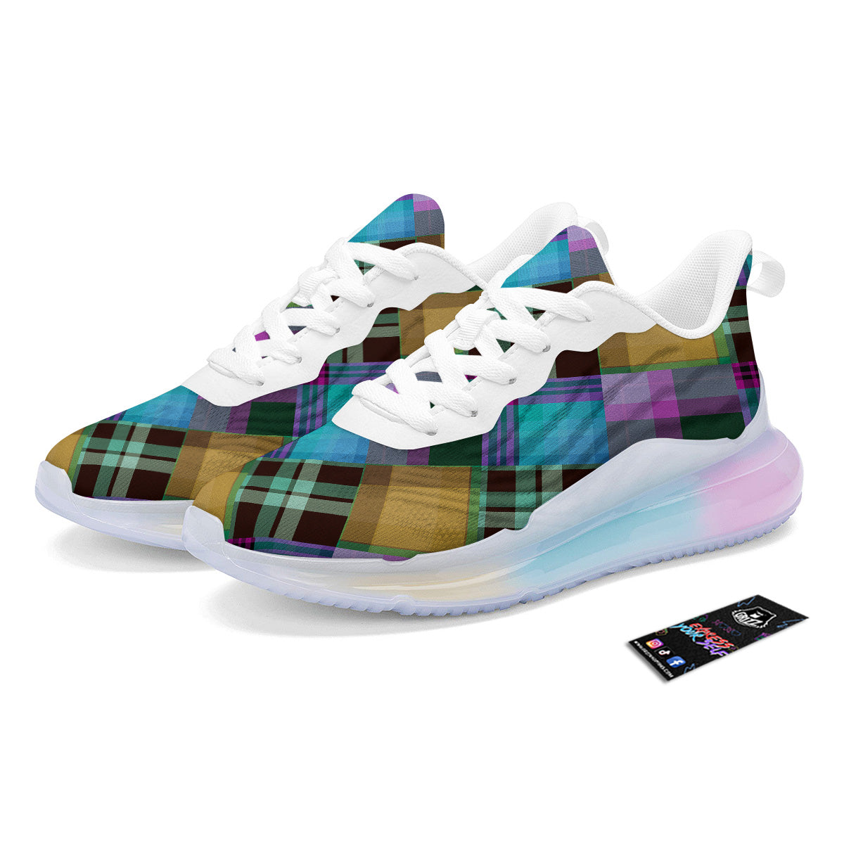 Diagonal Madras Blue Tartan Plaid Print Pattern Running Sneakers-grizzshop
