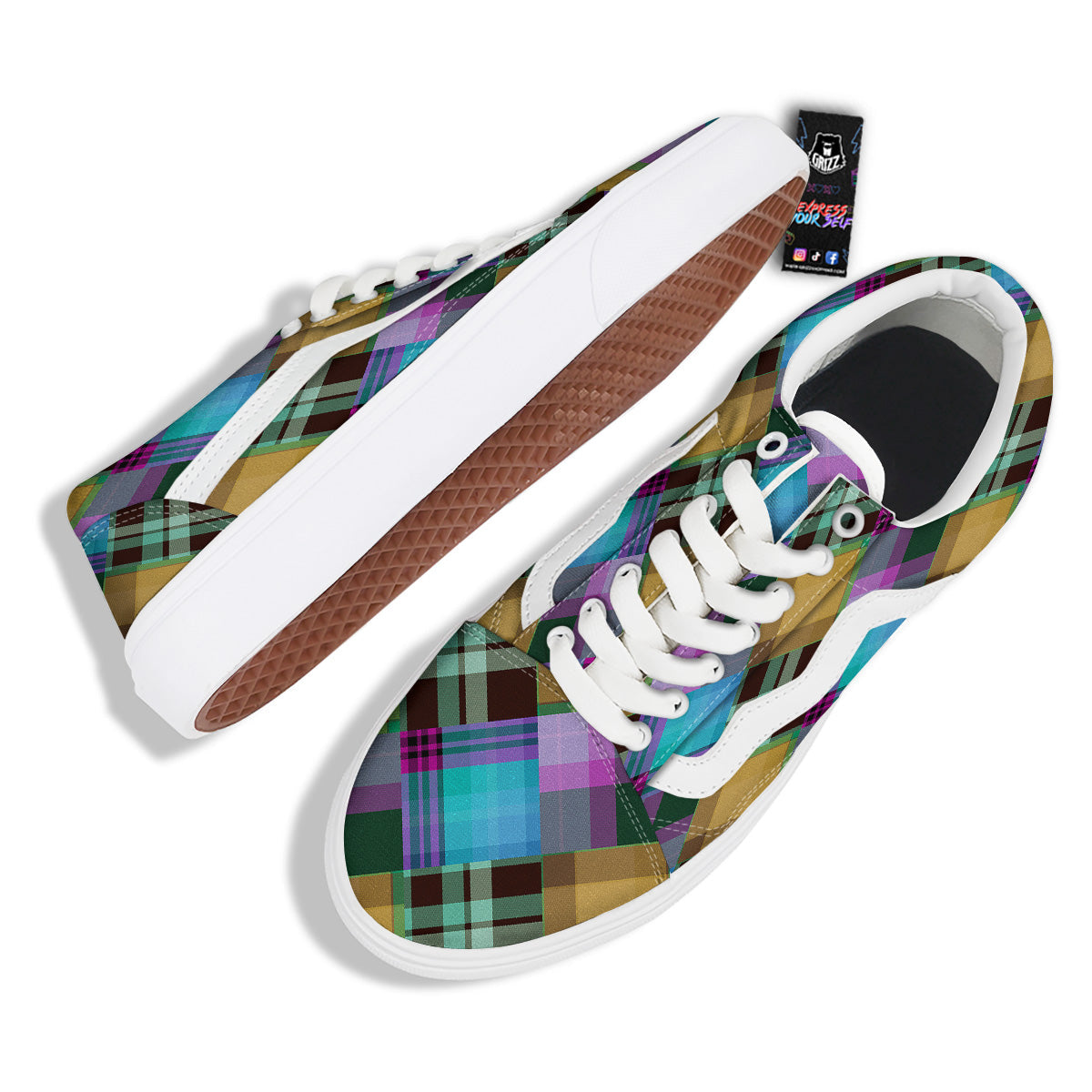 Diagonal Madras Blue Tartan Plaid Print Pattern Skate Shoes-grizzshop
