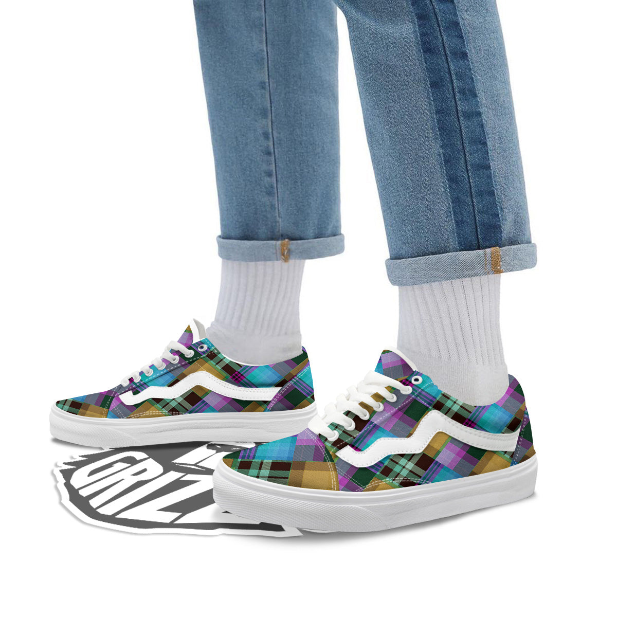 Diagonal Madras Blue Tartan Plaid Print Pattern Skate Shoes-grizzshop