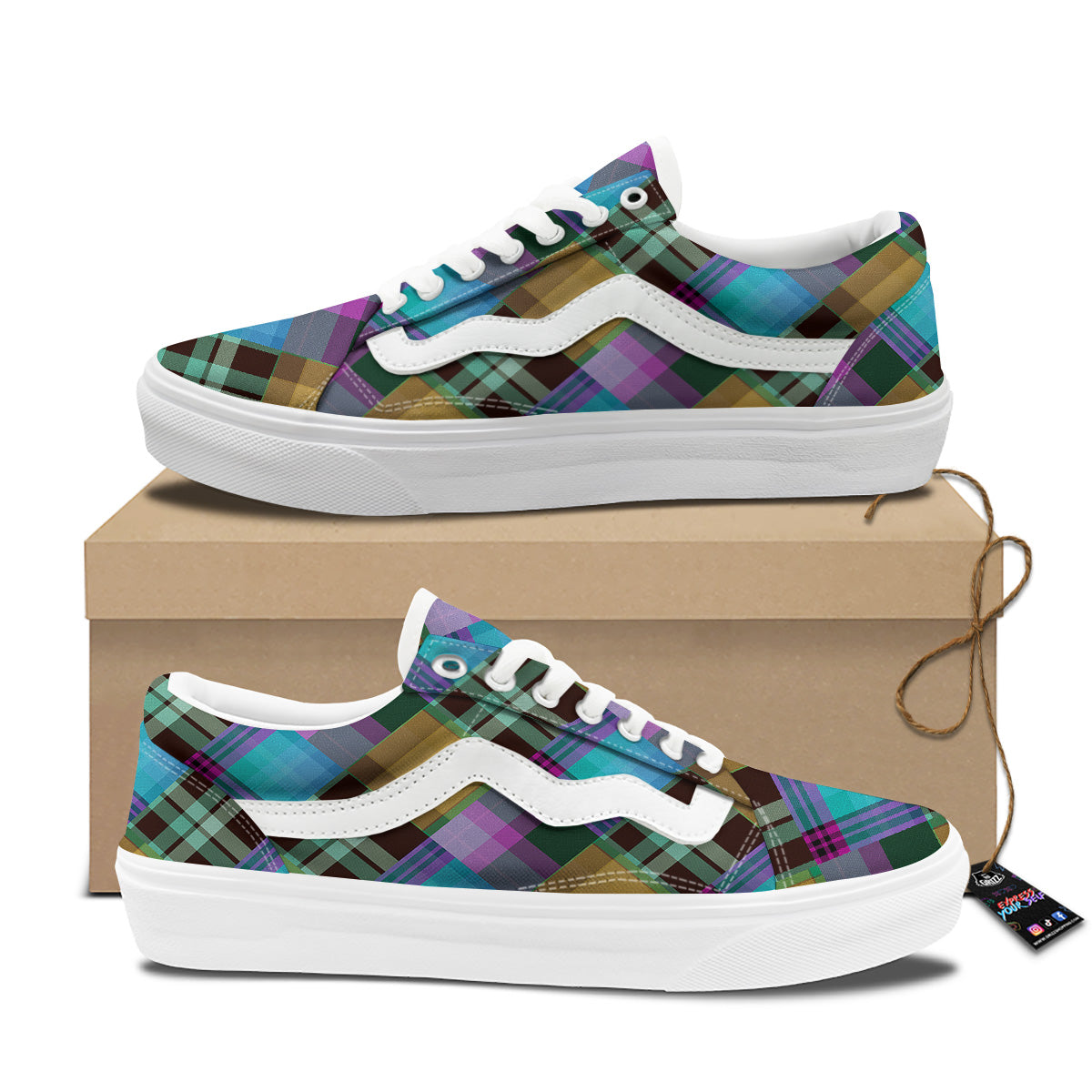 Diagonal Madras Blue Tartan Plaid Print Pattern Skate Shoes-grizzshop