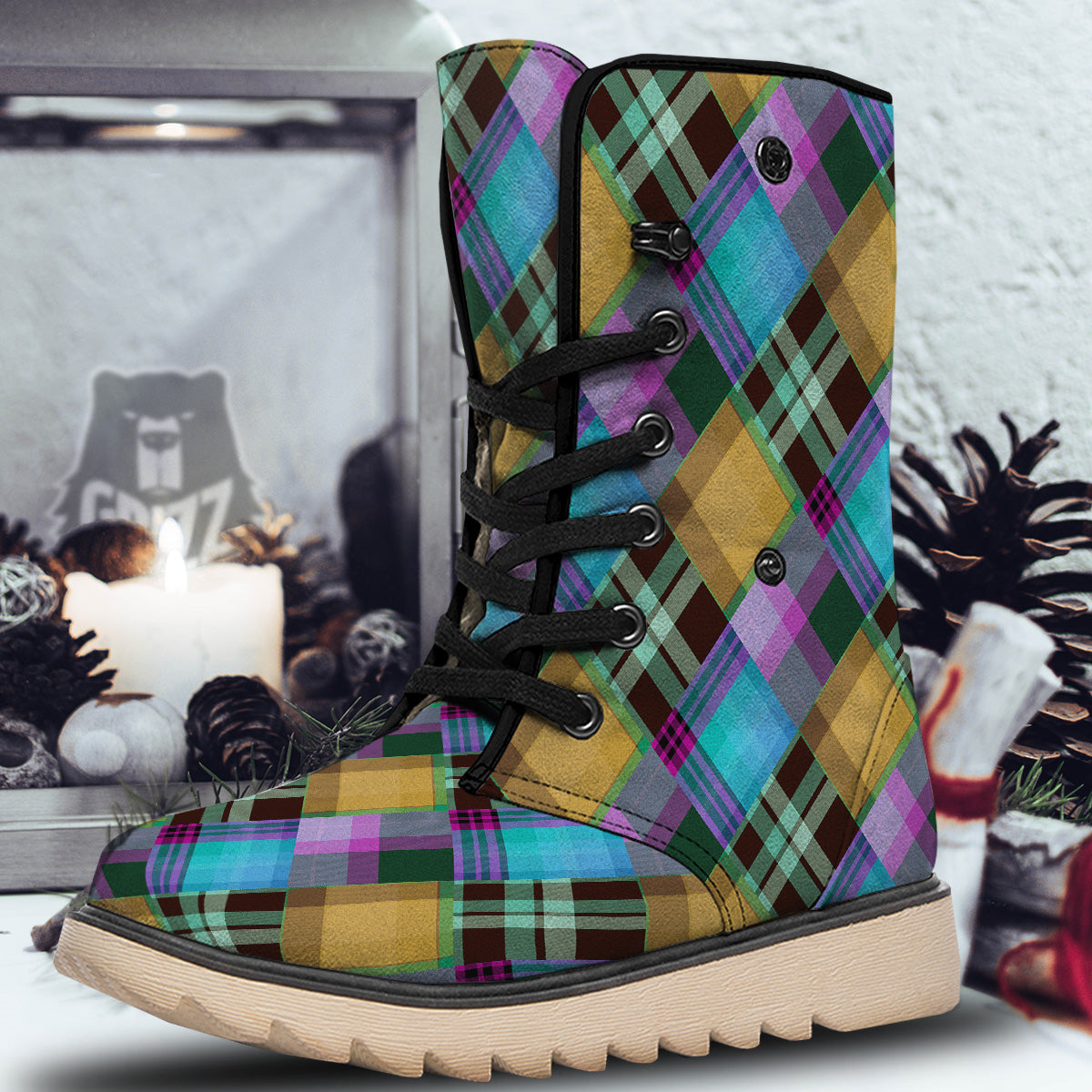 Diagonal Madras Blue Tartan Plaid Print Pattern Snow Boots-grizzshop