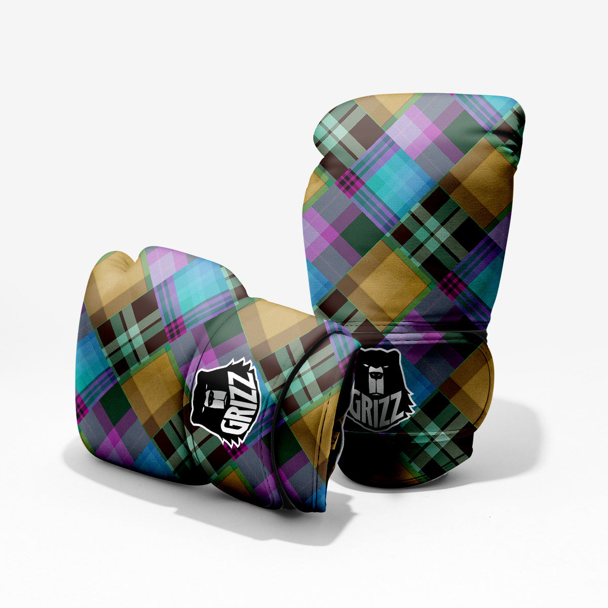 Diagonal Madras Blue Tartan Plaid Print Pattern Pro Boxing Glove