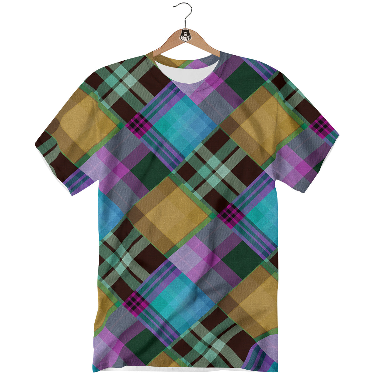 Diagonal Madras Blue Tartan Plaid Print Pattern T-Shirt-grizzshop
