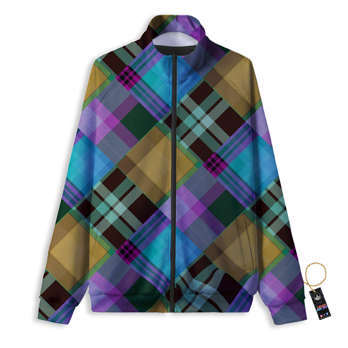 Diagonal Madras Blue Tartan Plaid Print Pattern Track Jacket-grizzshop