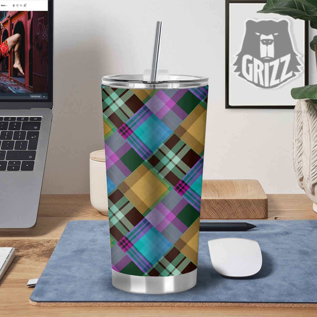 Diagonal Madras Blue Tartan Plaid Print Pattern Tumbler-grizzshop
