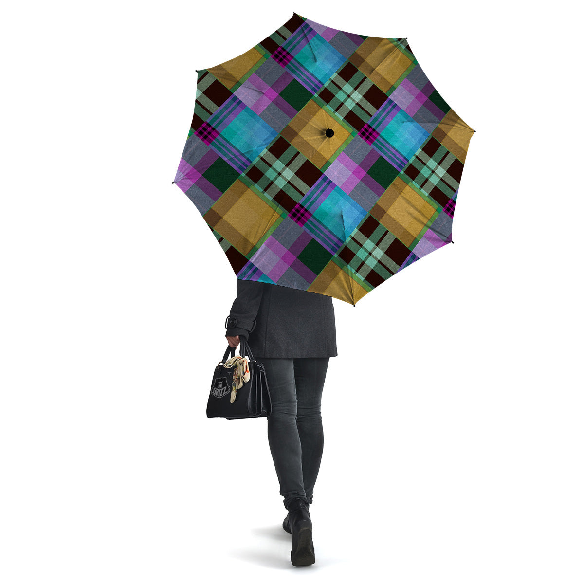 Diagonal Madras Blue Tartan Plaid Print Pattern Umbrella-grizzshop