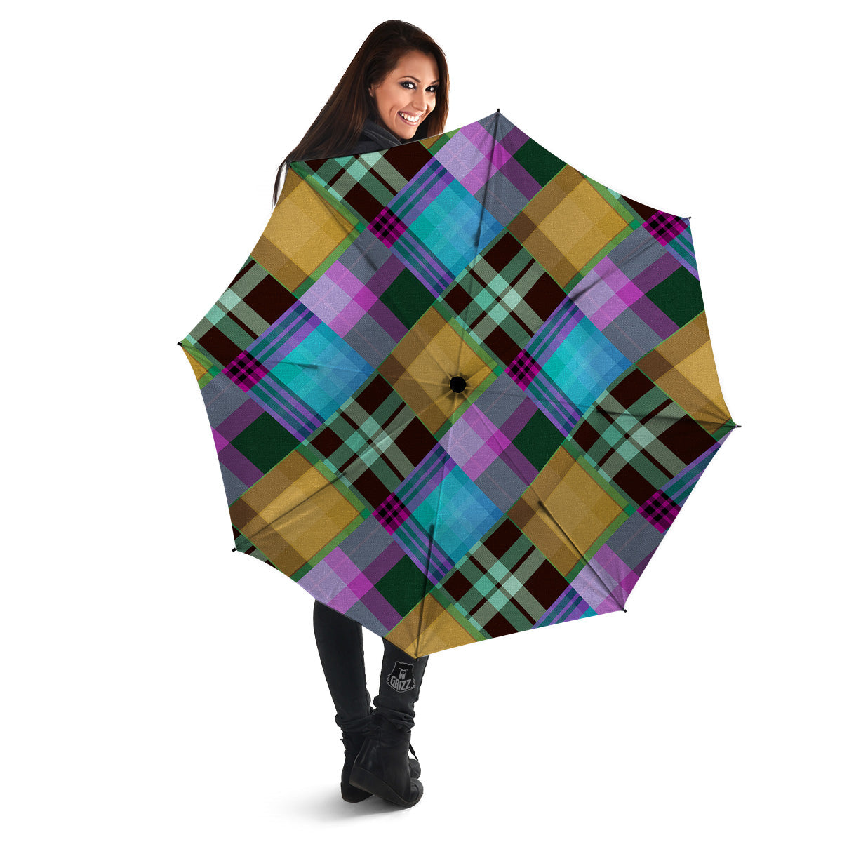 Diagonal Madras Blue Tartan Plaid Print Pattern Umbrella-grizzshop