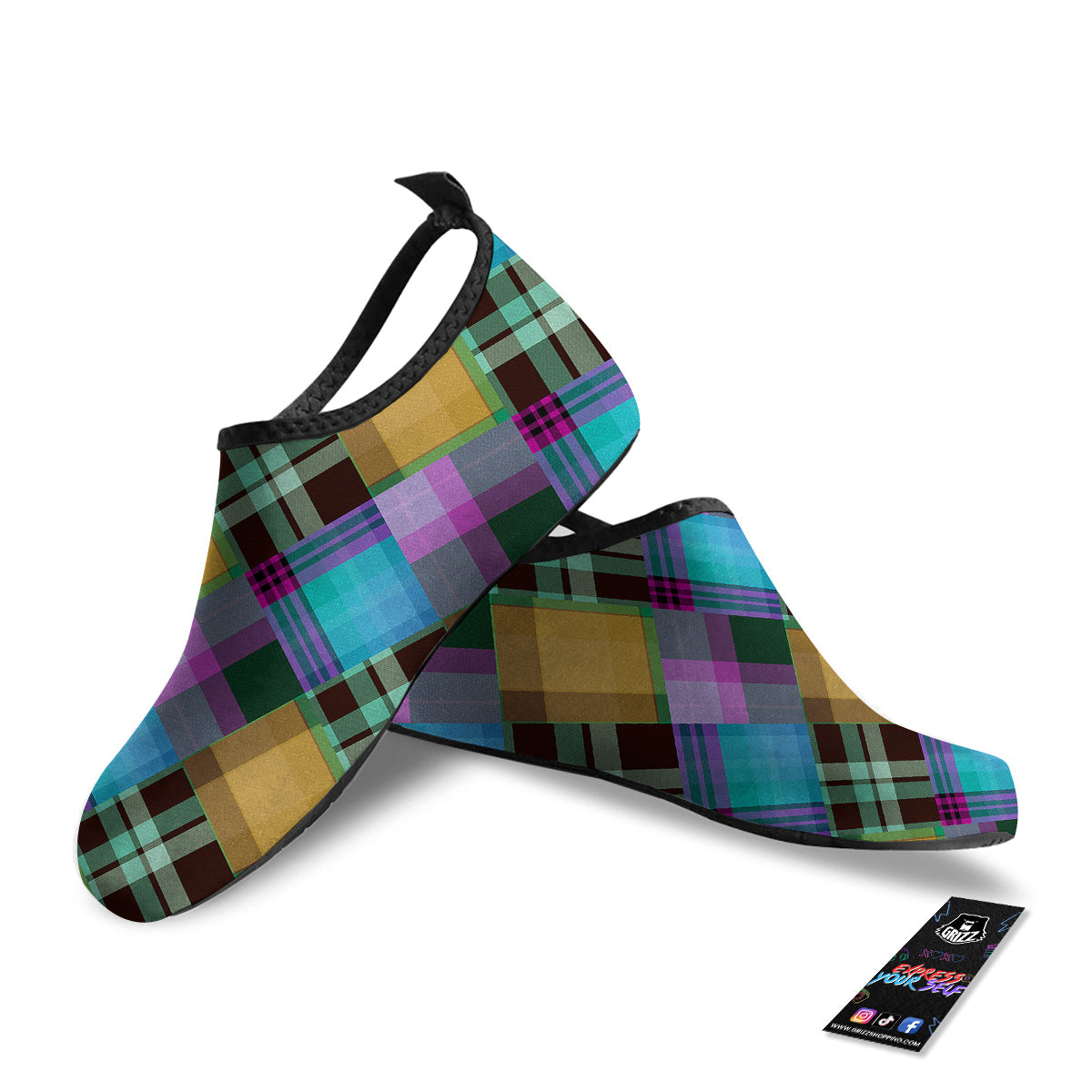 Diagonal Madras Blue Tartan Plaid Print Pattern Water Shoes-grizzshop