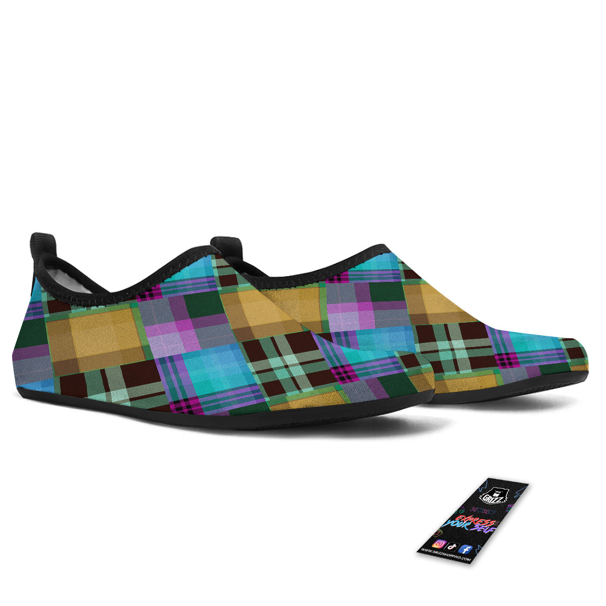 Diagonal Madras Blue Tartan Plaid Print Pattern Water Shoes-grizzshop