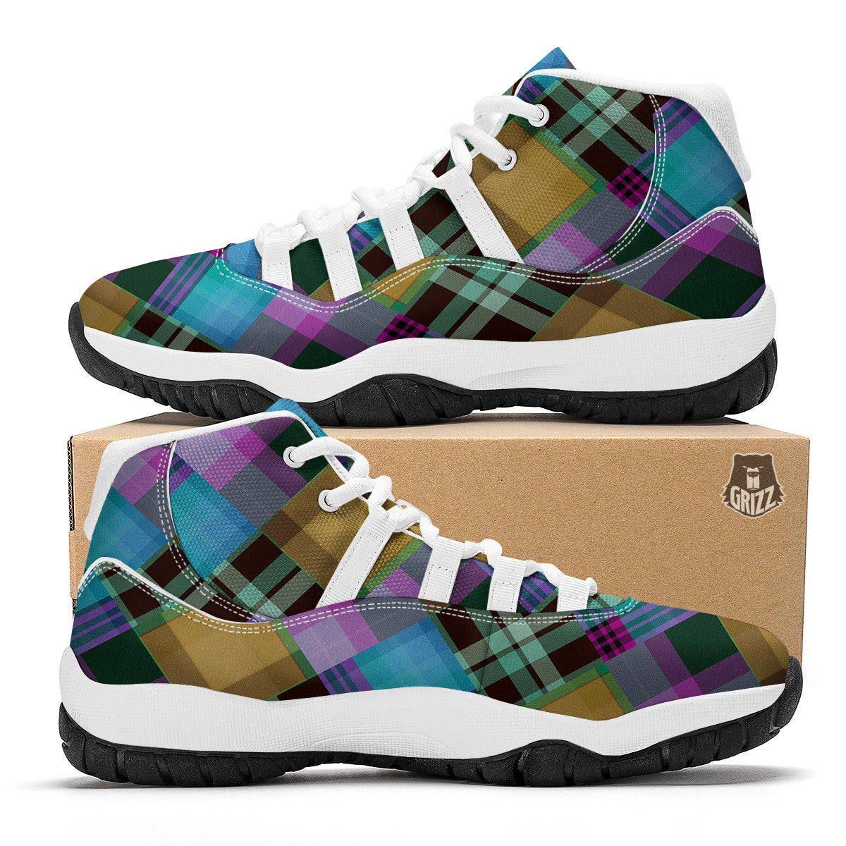 Diagonal Madras Blue Tartan Plaid Print Pattern White Bball Shoes-grizzshop