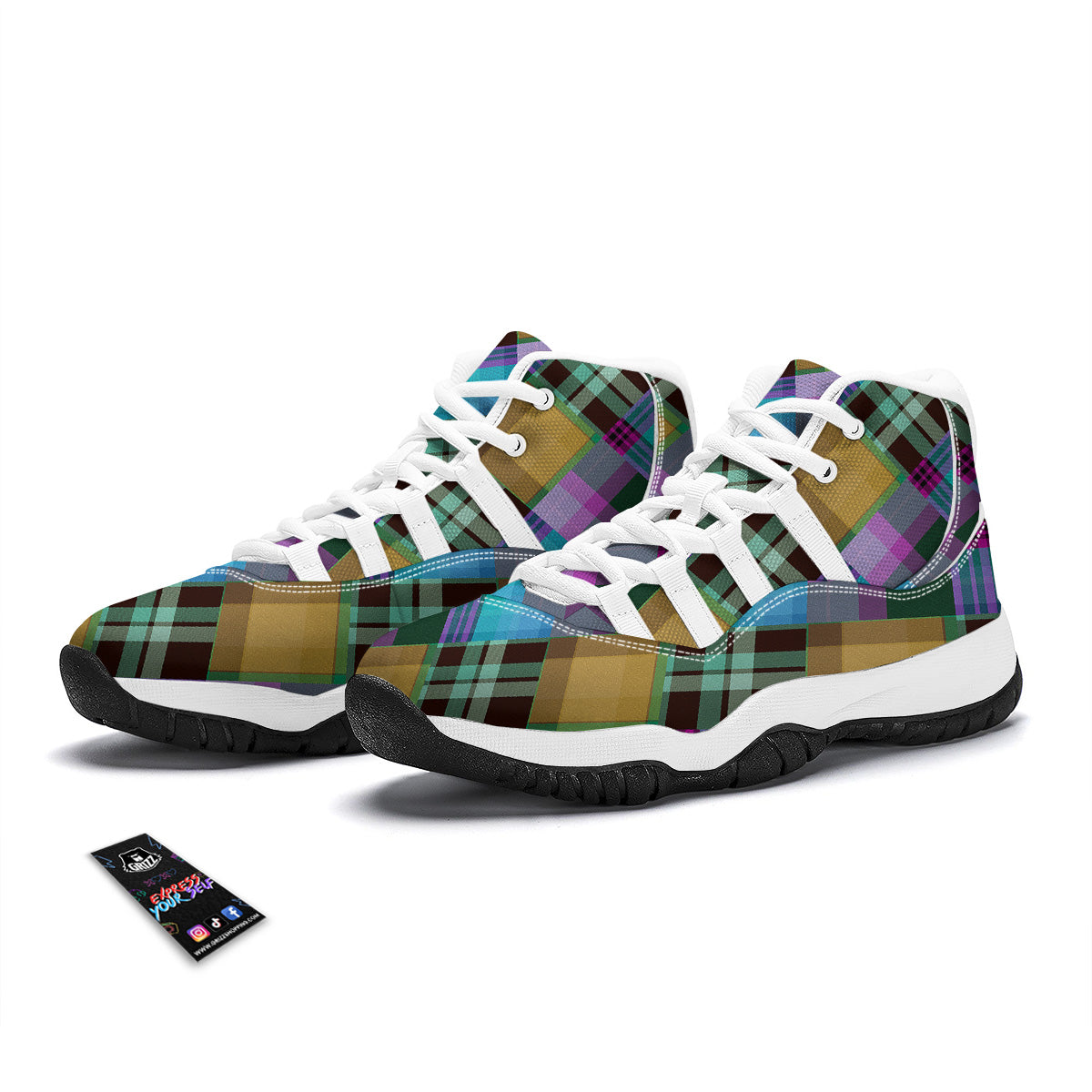 Diagonal Madras Blue Tartan Plaid Print Pattern White Bball Shoes-grizzshop