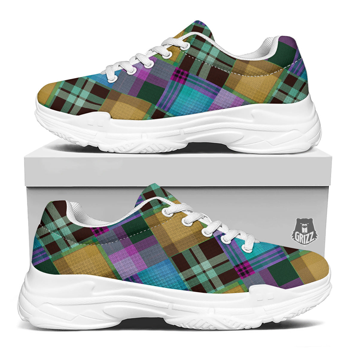 Diagonal Madras Blue Tartan Plaid Print Pattern White Chunky Shoes-grizzshop