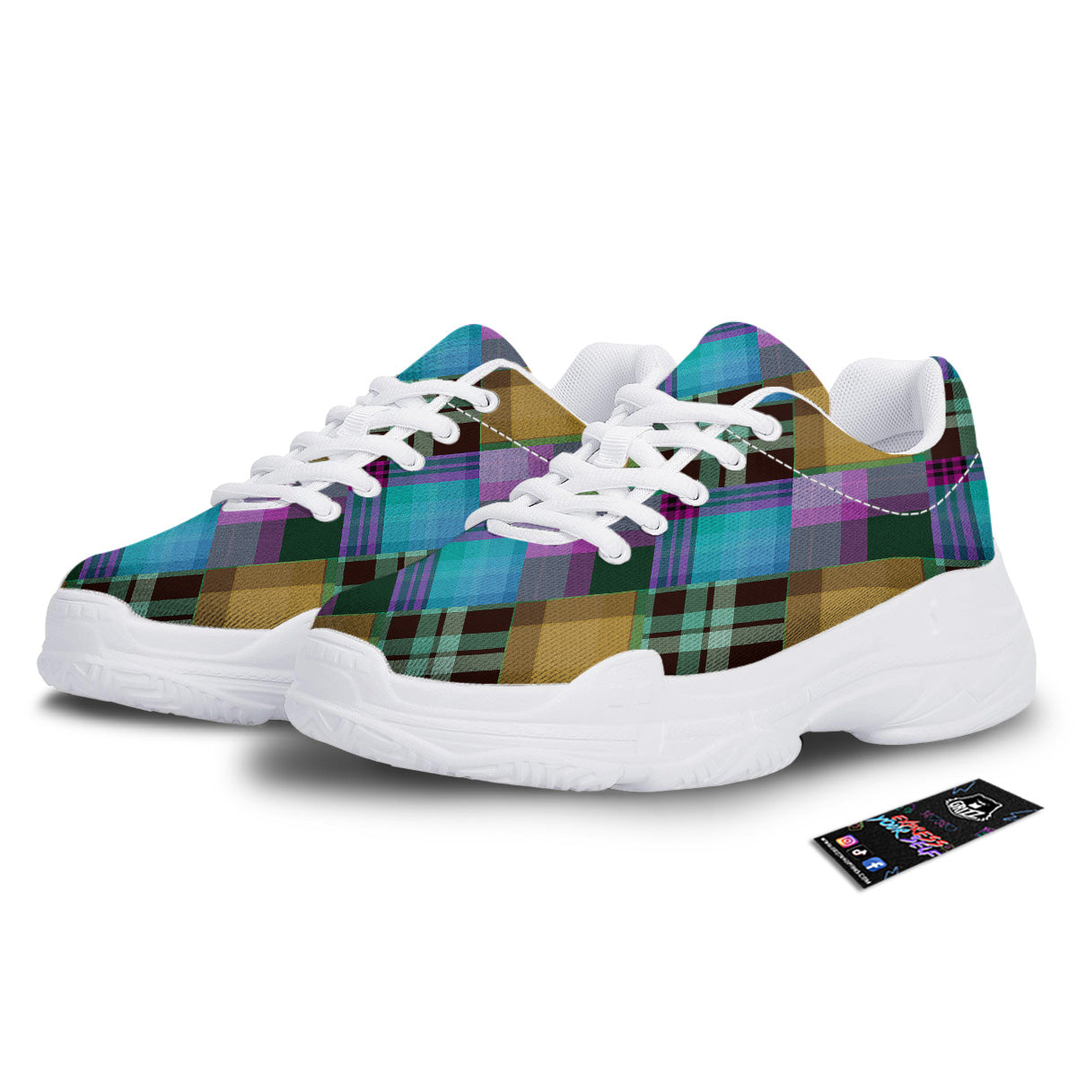 Diagonal Madras Blue Tartan Plaid Print Pattern White Chunky Shoes-grizzshop