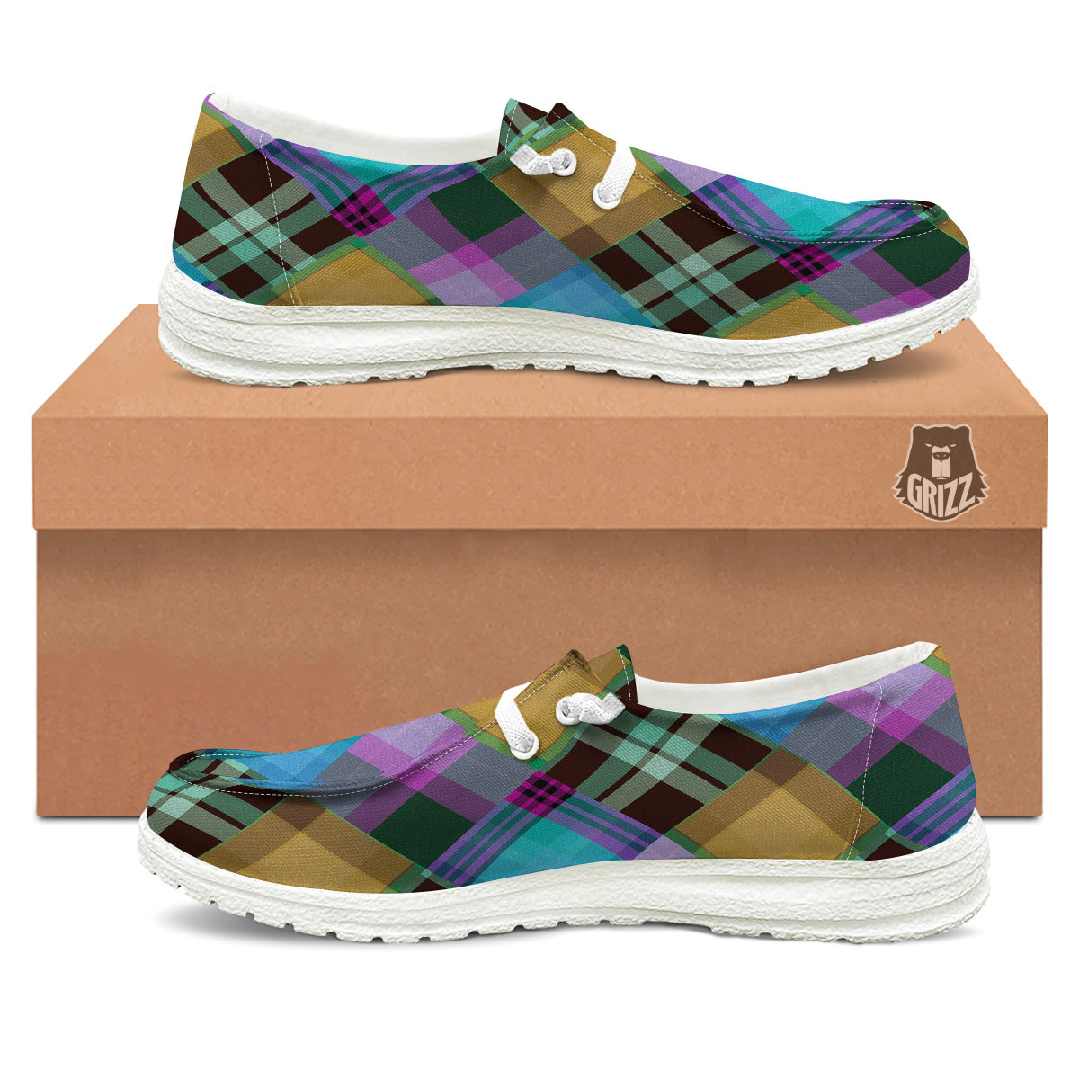 Diagonal Madras Blue Tartan Plaid Print Pattern White Loafers-grizzshop