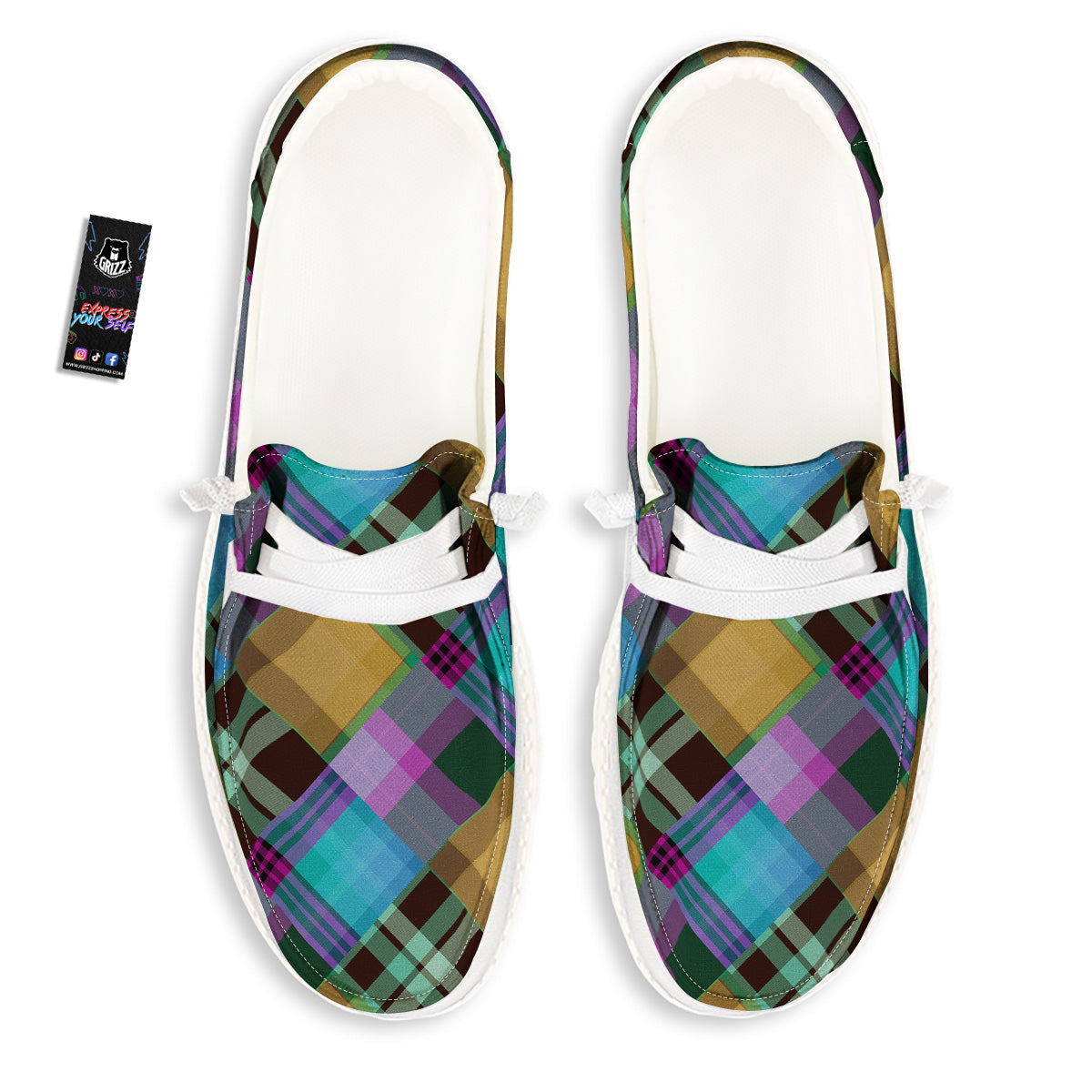 Diagonal Madras Blue Tartan Plaid Print Pattern White Loafers-grizzshop