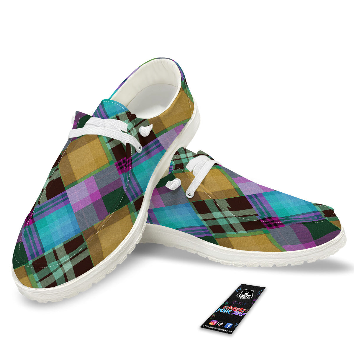 Diagonal Madras Blue Tartan Plaid Print Pattern White Loafers-grizzshop