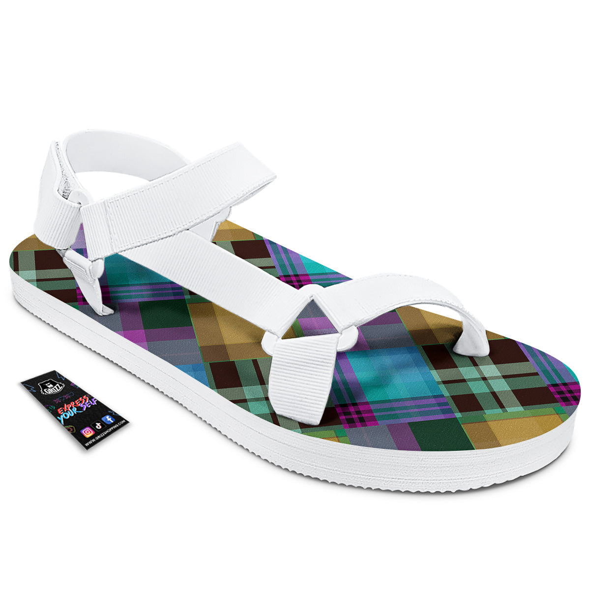 Diagonal Madras Blue Tartan Plaid Print Pattern White Open Toe Sandals-grizzshop