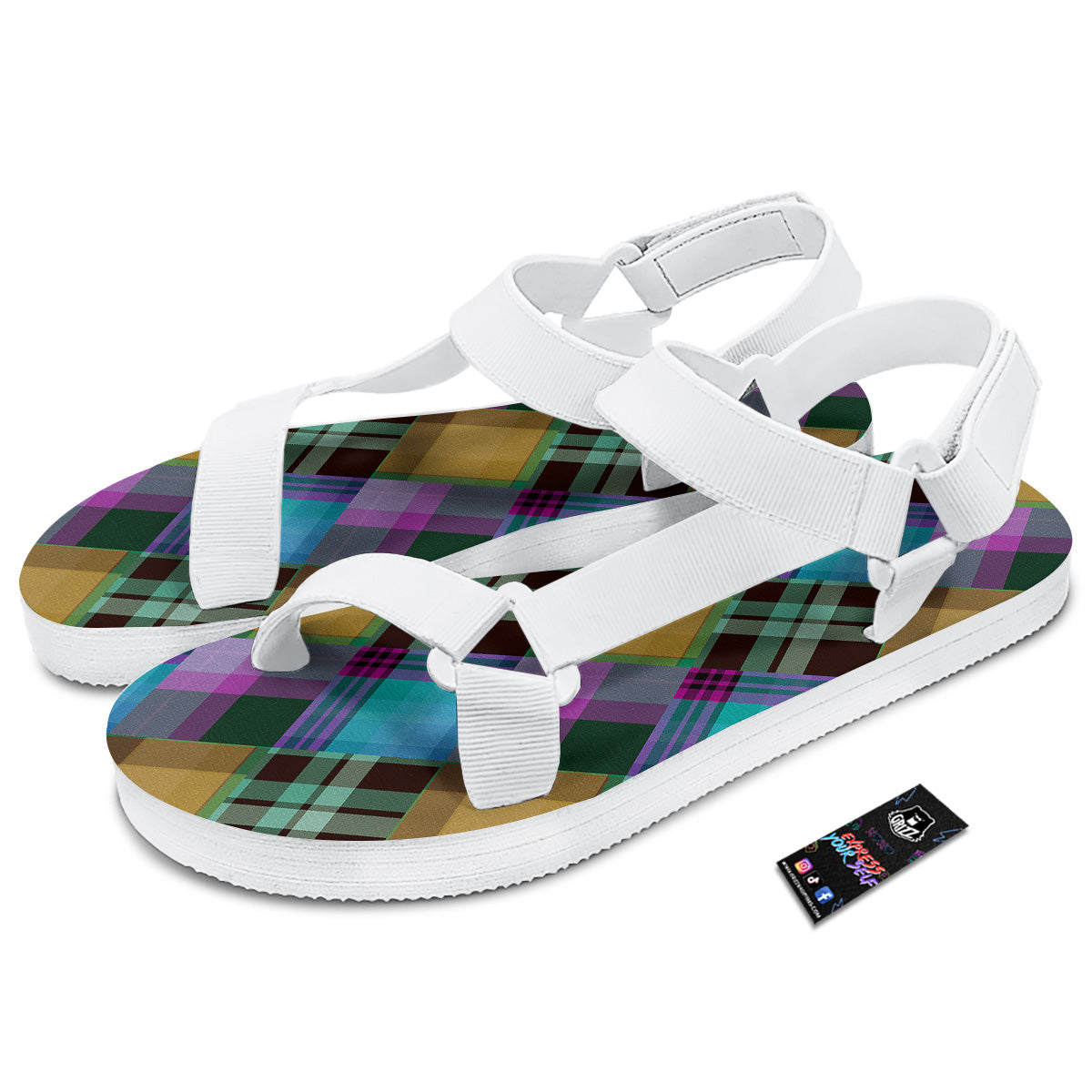 Diagonal Madras Blue Tartan Plaid Print Pattern White Open Toe Sandals-grizzshop